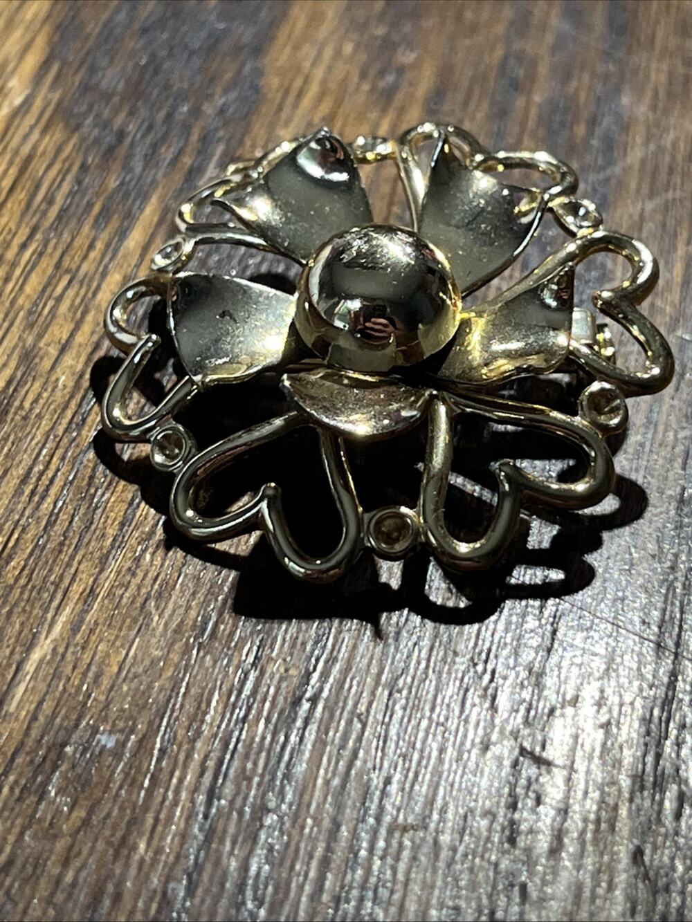 Gold Toned Flower And Hearts Brooch Pin Vintage